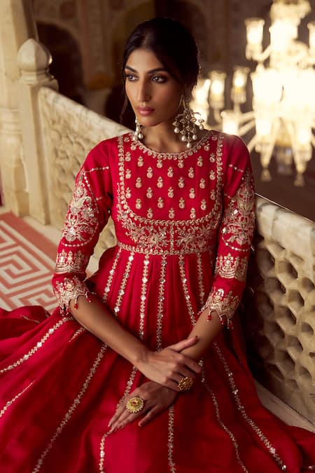 Shop_Lashkaraa_Red Silk, Brocade Embroidery, Sequins, Zari Round Neck Anarkali Set With Dupatta _Online_at_Aza_Fashions