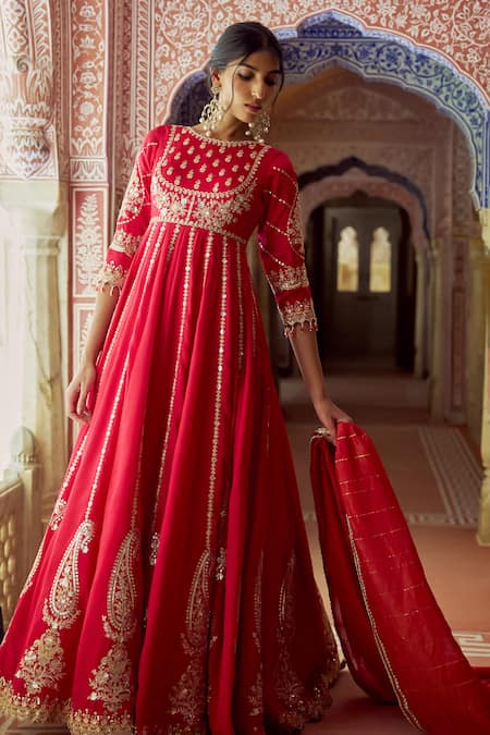 Lashkaraa_Red Silk, Brocade Embroidery, Sequins, Zari Round Neck Anarkali Set With Dupatta _at_Aza_Fashions