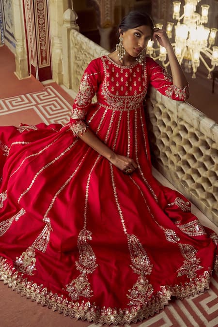 Shop_Lashkaraa_Red Silk, Brocade Embroidery, Sequins, Zari Round Neck Anarkali Set With Dupatta 