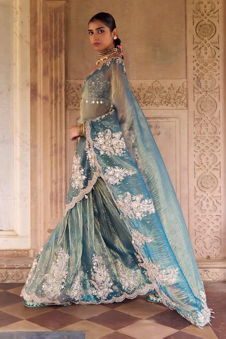 Lashkaraa_Teal Silk Embroidery, Beads, Sequins, Metallic Thread Pre-draped Saree And Blouse_Online_at_Aza_Fashions