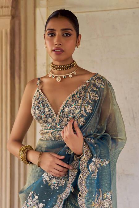 Buy_Lashkaraa_Teal Silk Embroidery, Beads, Sequins, Metallic Thread Pre-draped Saree And Blouse_Online_at_Aza_Fashions