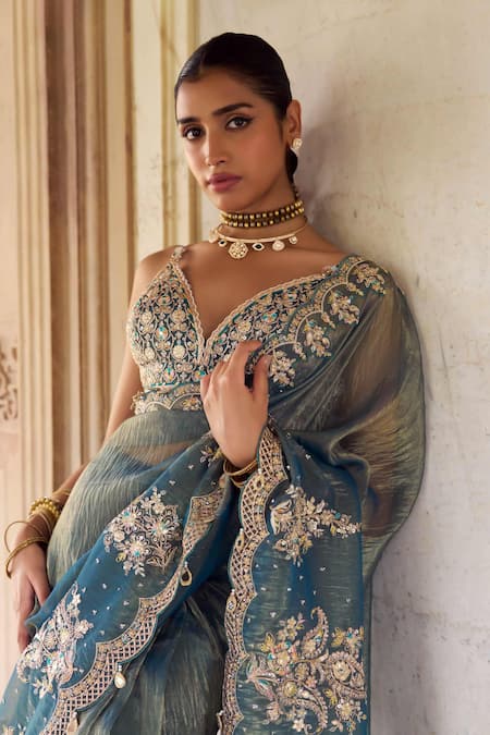 Lashkaraa_Teal Silk Embroidery, Beads, Sequins, Metallic Thread Pre-draped Saree And Blouse_at_Aza_Fashions