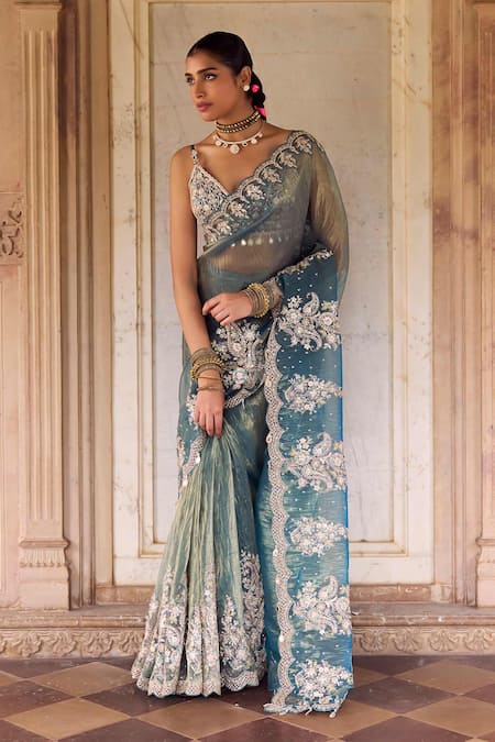 Buy_Lashkaraa_Teal Silk Embroidery, Beads, Sequins, Metallic Thread Pre-draped Saree And Blouse