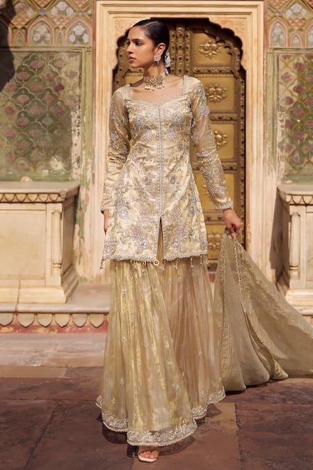Shop Lashkaraa Gold Tissue, Silk Embroidery, Beads, Sequins, Metallic Kurta And Sharara Set Online at Aza Fashions Shop_Lashkaraa_Gold Tissue, Silk Embroidery, Beads, Sequins, Metallic Kurta And Sharara Set _Online_at_Aza_Fashions
