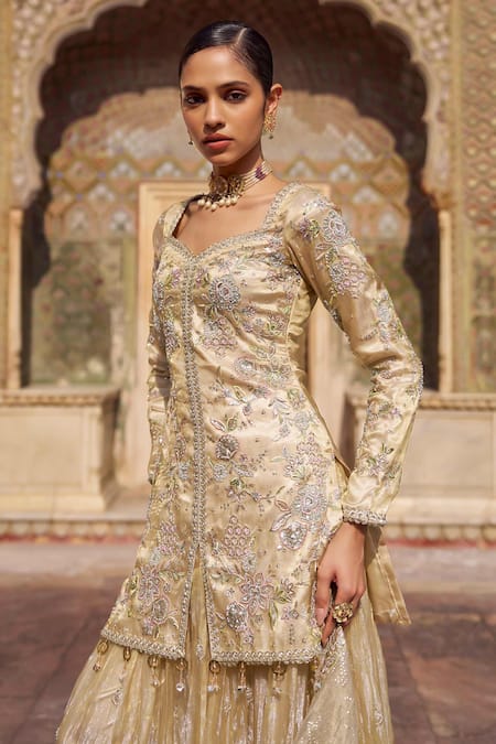 Lashkaraa Gold Tissue, Silk Embroidery, Beads, Sequins, Metallic Kurta And Sharara Set at Aza Fashions Lashkaraa_Gold Tissue, Silk Embroidery, Beads, Sequins, Metallic Kurta And Sharara Set _at_Aza_Fashions