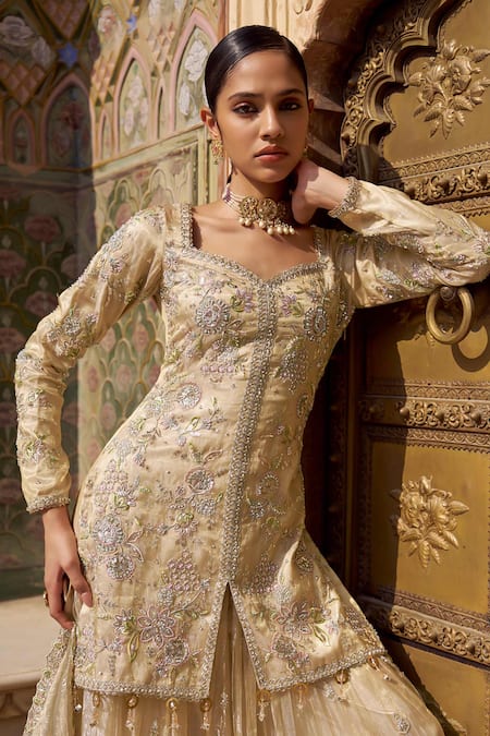 Buy Lashkaraa Gold Tissue, Silk Embroidery, Beads, Sequins, Metallic Kurta And Sharara Set Buy_Lashkaraa_Gold Tissue, Silk Embroidery, Beads, Sequins, Metallic Kurta And Sharara Set
