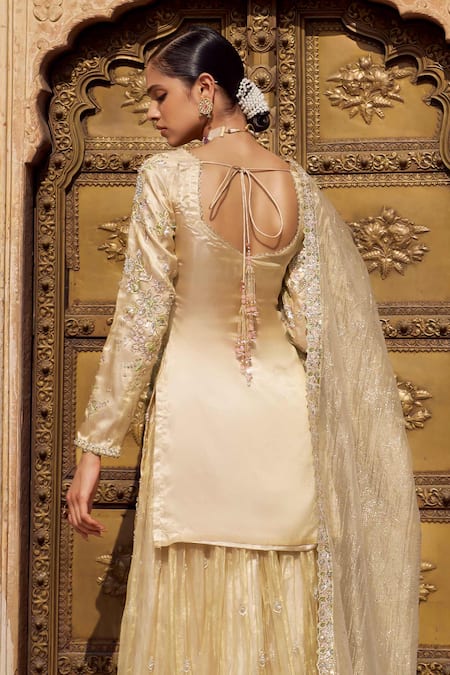Lashkaraa Gold Tissue, Silk Embroidery, Beads, Sequins, Metallic Kurta And Sharara Set Online at Aza Fashions Lashkaraa_Gold Tissue, Silk Embroidery, Beads, Sequins, Metallic Kurta And Sharara Set _Online_at_Aza_Fashions