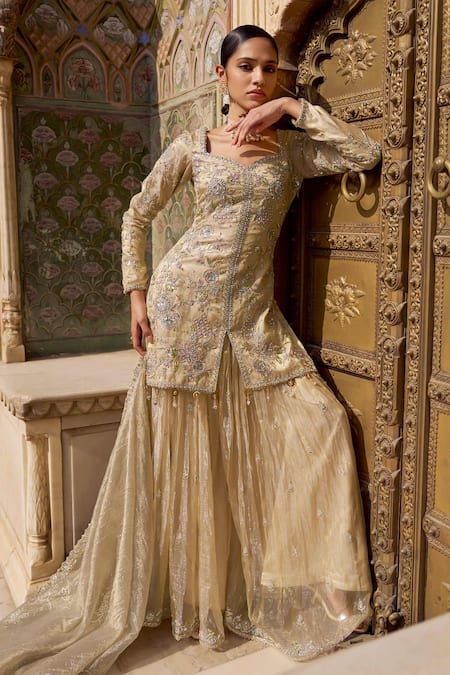 Lashkaraa Gold Tissue, Silk Embroidery, Beads, Sequins, Metallic Kurta And Sharara Set 