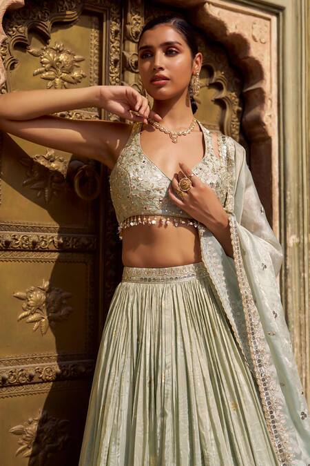 Lashkaraa_Green Viscose, Jacquard, Silk Satin Zari, Sequins, Lehenga Set With Dupatta_Online_at_Aza_Fashions