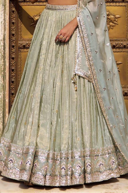 Buy_Lashkaraa_Green Viscose, Jacquard, Silk Satin Zari, Sequins, Lehenga Set With Dupatta_Online_at_Aza_Fashions