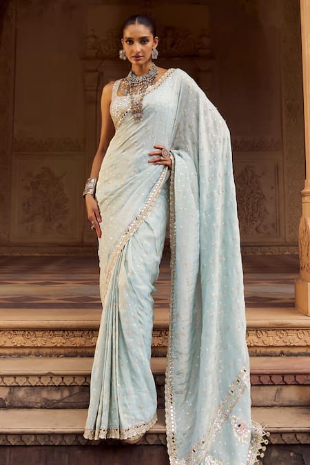 Lashkaraa Sky Blue Viscose, Shantoon Embroidery, Sequins, Silk Pre-draped Saree And Blouse 