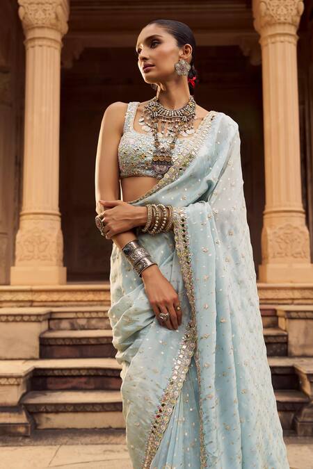 Lashkaraa_Sky Blue Viscose, Shantoon Embroidery, Sequins, Silk Pre-draped Saree And Blouse_Online_at_Aza_Fashions