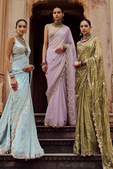 Buy_Lashkaraa_Sky Blue Viscose, Shantoon Embroidery, Sequins, Silk Pre-draped Saree And Blouse_Online_at_Aza_Fashions
