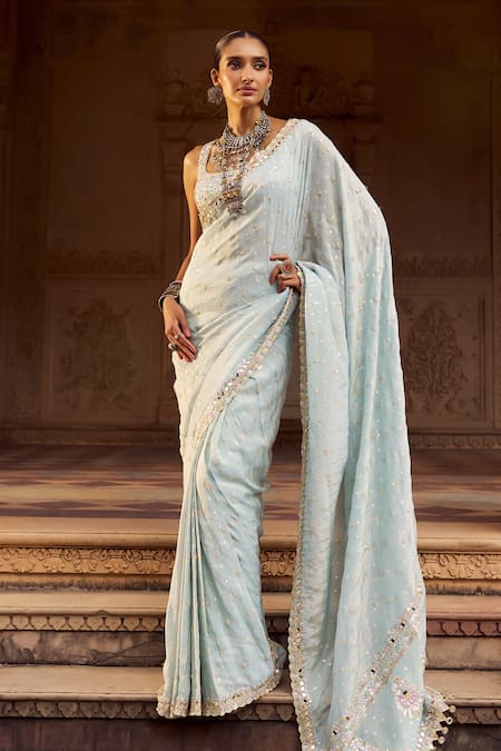 Lashkaraa_Sky Blue Viscose, Shantoon Embroidery, Sequins, Silk Pre-draped Saree And Blouse_at_Aza_Fashions