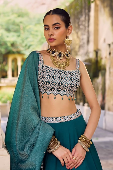 Buy Lashkaraa Teal Silk Embroidery, Zari, Sequins, Mirrors Square Neck And Lehenga Set Online at Aza Fashions Buy_Lashkaraa_Teal Silk Embroidery, Zari, Sequins, Mirrors Square Neck And Lehenga Set _Online_at_Aza_Fashions