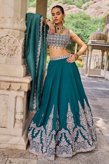 Shop Lashkaraa Teal Silk Embroidery, Zari, Sequins, Mirrors Square Neck And Lehenga Set Online at Aza Fashions Shop_Lashkaraa_Teal Silk Embroidery, Zari, Sequins, Mirrors Square Neck And Lehenga Set _Online_at_Aza_Fashions