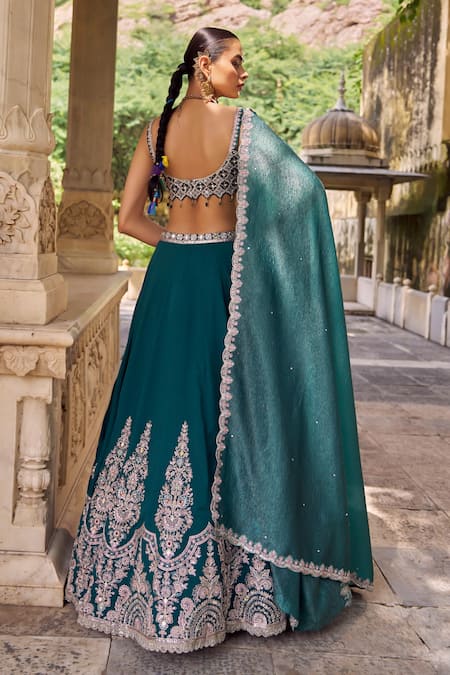 Lashkaraa Teal Silk Embroidery, Zari, Sequins, Mirrors Square Neck And Lehenga Set Online at Aza Fashions Lashkaraa_Teal Silk Embroidery, Zari, Sequins, Mirrors Square Neck And Lehenga Set _Online_at_Aza_Fashions