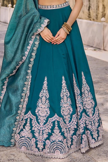 Lashkaraa Teal Silk Embroidery, Zari, Sequins, Mirrors Square Neck And Lehenga Set at Aza Fashions Lashkaraa_Teal Silk Embroidery, Zari, Sequins, Mirrors Square Neck And Lehenga Set _at_Aza_Fashions