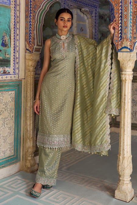 Lashkaraa Mint Viscose, Tissue Embroidery, Sequins, Zari, Tassels Keyhole Palazzo Suit 