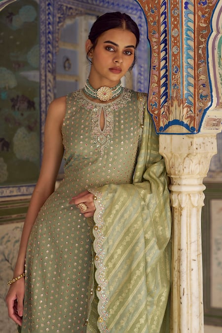 Lashkaraa Mint Viscose, Tissue Embroidery, Sequins, Zari, Tassels Keyhole Palazzo Suit at Aza Fashions Lashkaraa_Mint Viscose, Tissue Embroidery, Sequins, Zari, Tassels Keyhole Palazzo Suit _at_Aza_Fashions
