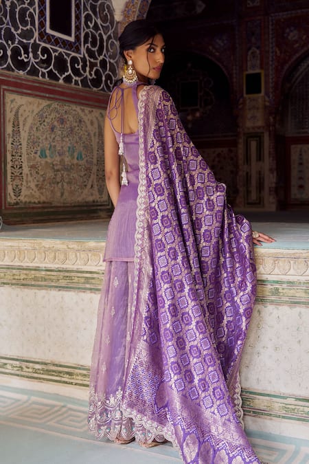 Shop Lashkaraa Purple Silk, Brocade Sequins, Zari, Beads, Embroidery Kurta Sharara And Dupatta at Aza Fashions Shop_Lashkaraa_Purple Silk, Brocade Sequins, Zari, Beads, Embroidery Kurta Sharara And Dupatta_at_Aza_Fashions