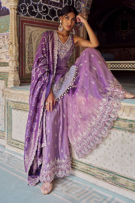 Lashkaraa Purple Silk, Brocade Sequins, Zari, Beads, Embroidery Kurta Sharara And Dupatta Online at Aza Fashions Lashkaraa_Purple Silk, Brocade Sequins, Zari, Beads, Embroidery Kurta Sharara And Dupatta_Online_at_Aza_Fashions
