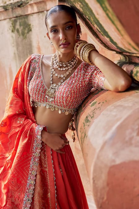 Buy Lashkaraa Orange Viscose, Silk Embroidery, Zari, Sequins, Beads V-neck Lehenga Set Online at Aza Fashions Buy_Lashkaraa_Orange Viscose, Silk Embroidery, Zari, Sequins, Beads V-neck Lehenga Set _Online_at_Aza_Fashions