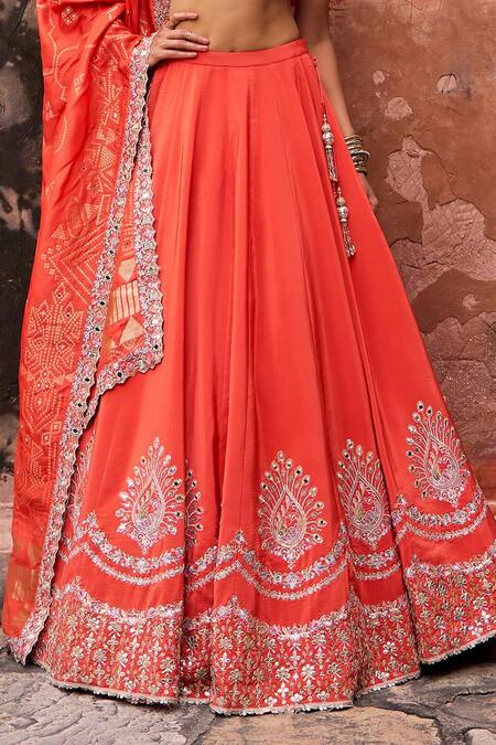 Shop Lashkaraa Orange Viscose, Silk Embroidery, Zari, Sequins, Beads V-neck Lehenga Set Online at Aza Fashions Shop_Lashkaraa_Orange Viscose, Silk Embroidery, Zari, Sequins, Beads V-neck Lehenga Set _Online_at_Aza_Fashions