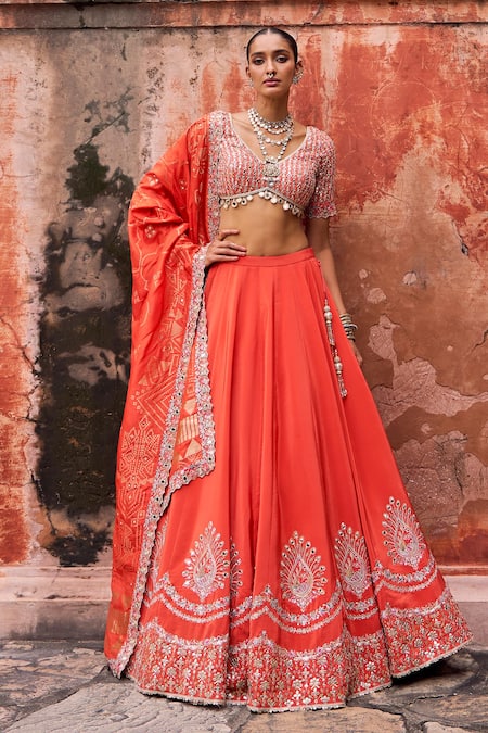 Lashkaraa Orange Viscose, Silk Embroidery, Zari, Sequins, Beads V-neck Lehenga Set 