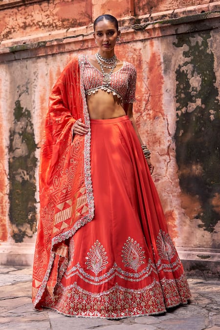 Buy Lashkaraa Orange Viscose, Silk Embroidery, Zari, Sequins, Beads V-neck Lehenga Set Buy_Lashkaraa_Orange Viscose, Silk Embroidery, Zari, Sequins, Beads V-neck Lehenga Set