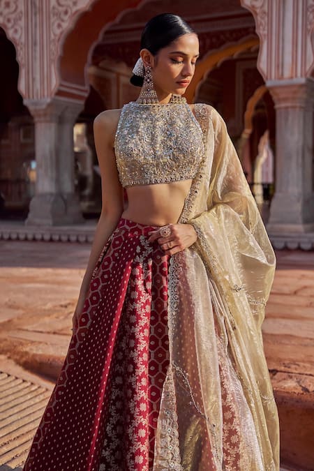 Buy Lashkaraa Maroon Brocade, Shantoon, Tissue Embroidery, Zari, Sequins, Beads, Lehenga Set Online at Aza Fashions Buy_Lashkaraa_Maroon Brocade, Shantoon, Tissue Embroidery, Zari, Sequins, Beads, Lehenga Set _Online_at_Aza_Fashions