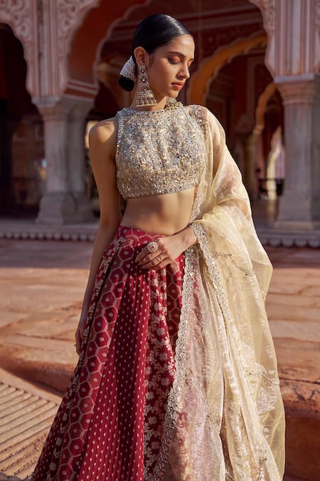 Shop Lashkaraa Maroon Brocade, Shantoon, Tissue Embroidery, Zari, Sequins, Beads, Lehenga Set Online at Aza Fashions Shop_Lashkaraa_Maroon Brocade, Shantoon, Tissue Embroidery, Zari, Sequins, Beads, Lehenga Set _Online_at_Aza_Fashions