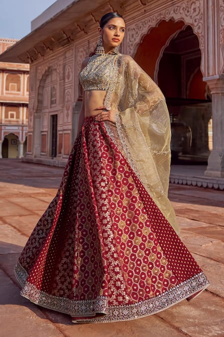 Buy Lashkaraa Maroon Brocade, Shantoon, Tissue Embroidery, Zari, Sequins, Beads, Lehenga Set Buy_Lashkaraa_Maroon Brocade, Shantoon, Tissue Embroidery, Zari, Sequins, Beads, Lehenga Set