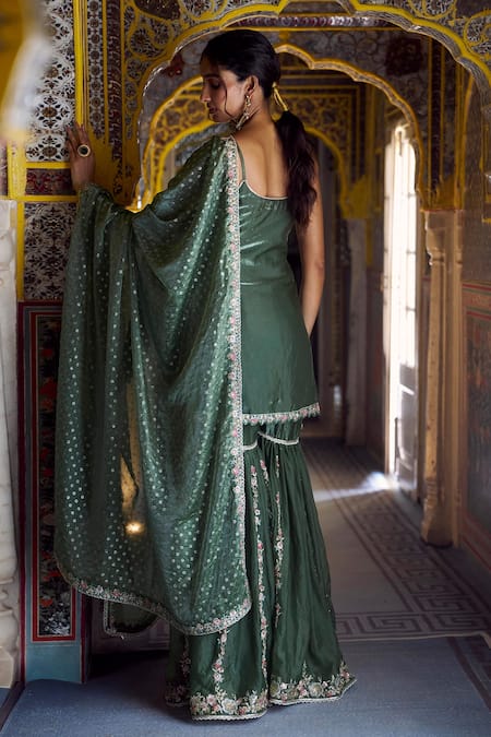 Lashkaraa Green Satin Embroidery, Sequins, Zari, Beads Kurta Gharara And Dupatta Set Online at Aza Fashions Lashkaraa_Green Satin Embroidery, Sequins, Zari, Beads Kurta Gharara And Dupatta Set _Online_at_Aza_Fashions