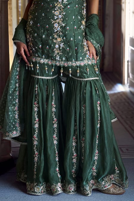 Buy Lashkaraa Green Satin Embroidery, Sequins, Zari, Beads Kurta Gharara And Dupatta Set Online at Aza Fashions Buy_Lashkaraa_Green Satin Embroidery, Sequins, Zari, Beads Kurta Gharara And Dupatta Set _Online_at_Aza_Fashions