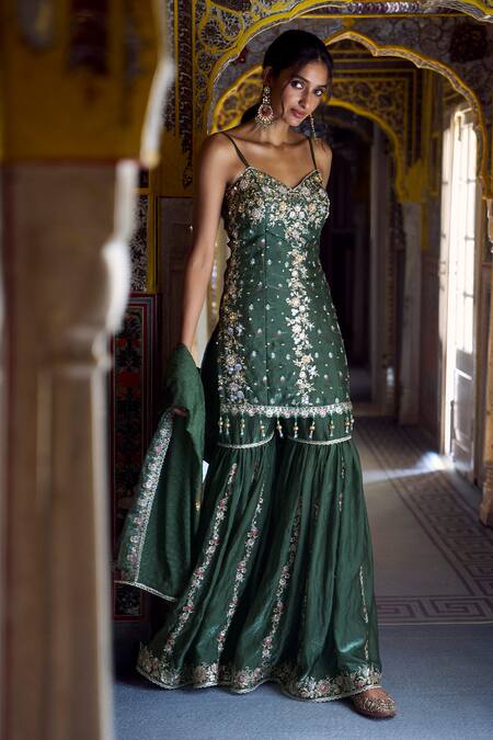 Shop Lashkaraa Green Satin Embroidery, Sequins, Zari, Beads Kurta Gharara And Dupatta Set Online at Aza Fashions Shop_Lashkaraa_Green Satin Embroidery, Sequins, Zari, Beads Kurta Gharara And Dupatta Set _Online_at_Aza_Fashions