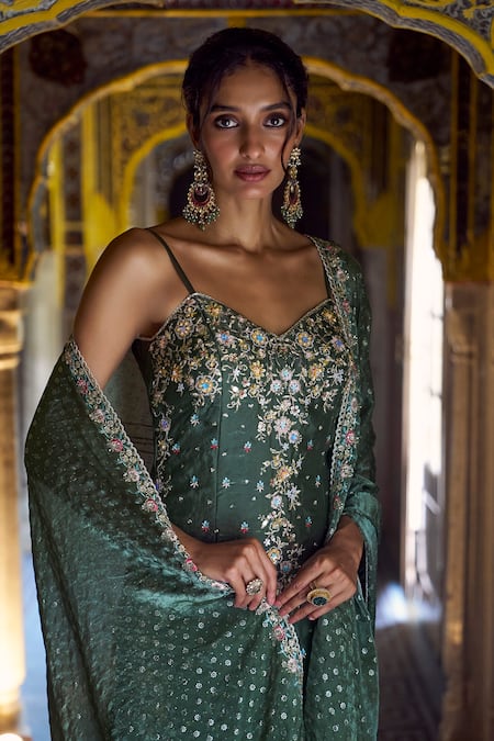 Lashkaraa Green Satin Embroidery, Sequins, Zari, Beads Kurta Gharara And Dupatta Set at Aza Fashions Lashkaraa_Green Satin Embroidery, Sequins, Zari, Beads Kurta Gharara And Dupatta Set _at_Aza_Fashions