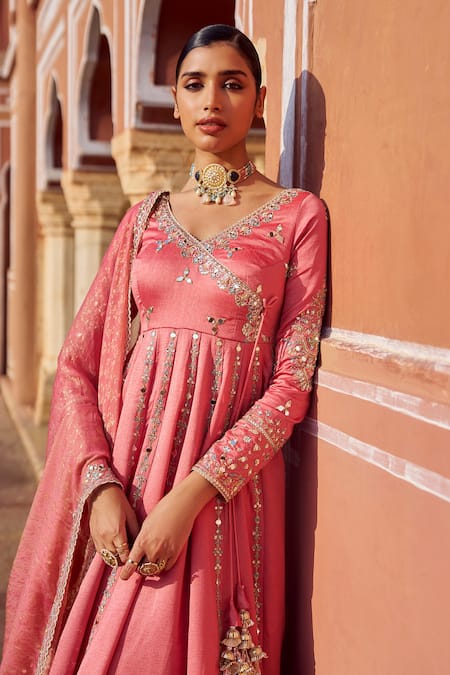 Buy Lashkaraa Coral Silk, Shantoon Sequins, Zari, Mirrors, Embroidery V-neck Anarkali Set Online at Aza Fashions Buy_Lashkaraa_Coral Silk, Shantoon Sequins, Zari, Mirrors, Embroidery V-neck Anarkali Set _Online_at_Aza_Fashions