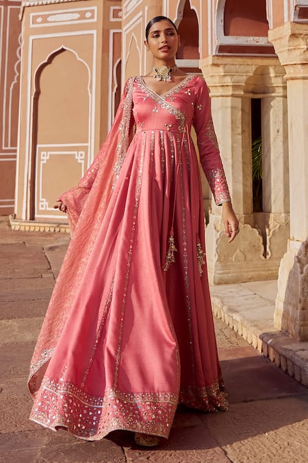 Shop Lashkaraa Coral Silk, Shantoon Sequins, Zari, Mirrors, Embroidery V-neck Anarkali Set Online at Aza Fashions Shop_Lashkaraa_Coral Silk, Shantoon Sequins, Zari, Mirrors, Embroidery V-neck Anarkali Set _Online_at_Aza_Fashions