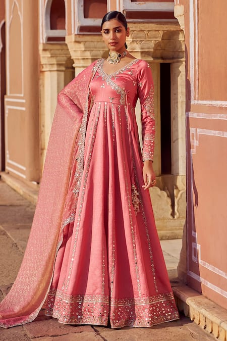 Lashkaraa Coral Silk Sequins, Zari, Mirrors, Embroidery V-neck Anarkali With Dupatta 