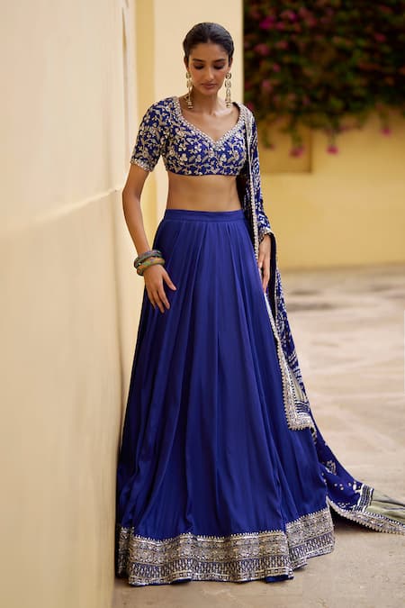 Lashkaraa_Blue Modal, Shantoon, Silk Zari, Sequins, Embroidery Bandhani Lehenga Set_Online_at_Aza_Fashions
