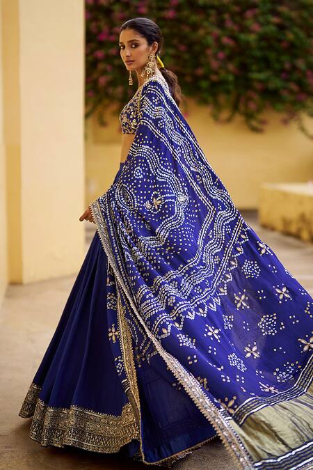 Buy_Lashkaraa_Blue Modal, Shantoon, Silk Zari, Sequins, Embroidery Bandhani Lehenga Set