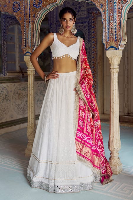 Lashkaraa White Georgette, Modal, Silk, Satin Lucknowi Lehenga With Bandhani Dupatta 