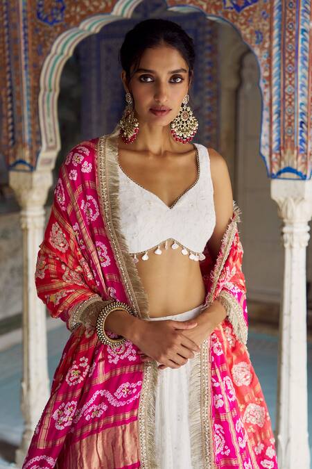 Buy_Lashkaraa_White Georgette, Modal, Silk, Satin Lucknowi Lehenga With Bandhani Dupatta_Online_at_Aza_Fashions
