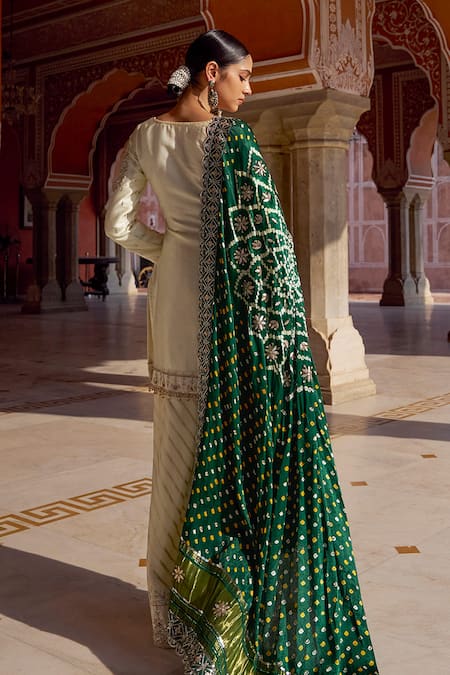 Shop Lashkaraa Ivory Jacquard, Modal, Gingham Embroidery, Sequins, Bandhani Kurta Sharara Set at Aza Fashions Shop_Lashkaraa_Ivory Jacquard, Modal, Gingham Embroidery, Sequins, Bandhani Kurta Sharara Set_at_Aza_Fashions