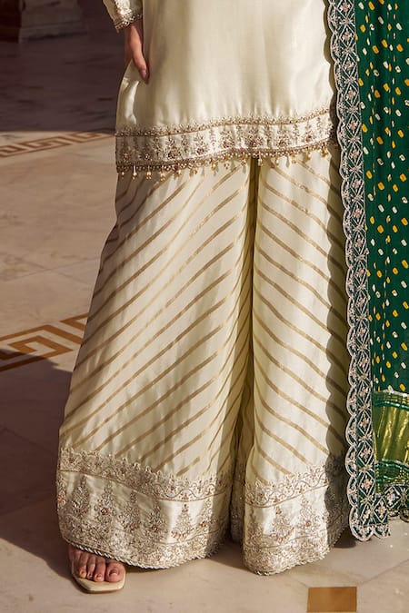 Lashkaraa Ivory Jacquard, Modal, Gingham Embroidery, Sequins, Bandhani Kurta Sharara Set Online at Aza Fashions Lashkaraa_Ivory Jacquard, Modal, Gingham Embroidery, Sequins, Bandhani Kurta Sharara Set_Online_at_Aza_Fashions
