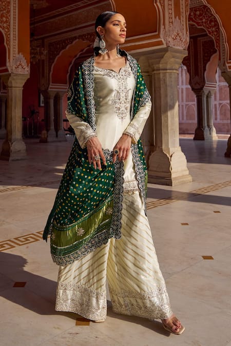 Buy Lashkaraa Ivory Jacquard, Modal, Gingham Embroidery, Sequins, Bandhani Kurta Sharara Set Online at Aza Fashions Buy_Lashkaraa_Ivory Jacquard, Modal, Gingham Embroidery, Sequins, Bandhani Kurta Sharara Set_Online_at_Aza_Fashions