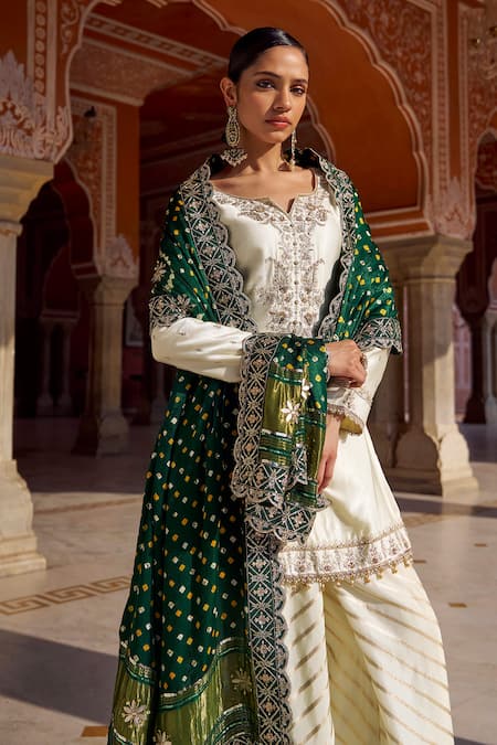 Lashkaraa Ivory Jacquard, Modal, Gingham Embroidery, Sequins, Bandhani Kurta Sharara Set at Aza Fashions Lashkaraa_Ivory Jacquard, Modal, Gingham Embroidery, Sequins, Bandhani Kurta Sharara Set_at_Aza_Fashions