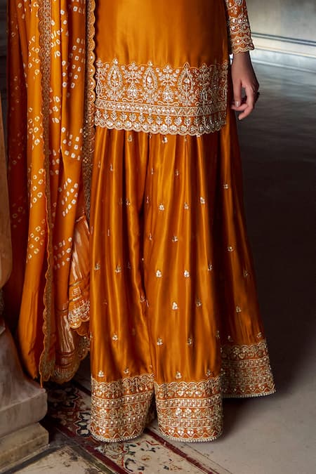 Lashkaraa_Orange Silk, Crepe Sequins, Zari, Embroidery Sharara Set With Bandhani Dupatta_Online_at_Aza_Fashions