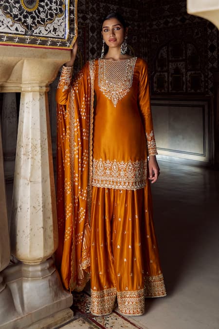 Lashkaraa Orange Shantoon, Crepe Sequins, Zari, Embroidery, Bandhani Kurta Sharara Set 